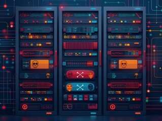 Fototapeta premium Digital Data Breach: Cyberpunk Illustration of Glitched Skulls and Crossbones in Server Room Background