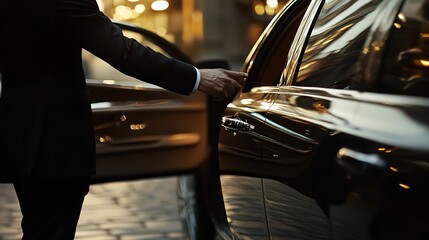 Driver Opening Door of Luxury Car Closeup. Chauffeur Service