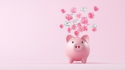Piggy bank with passive income symbols being inserted, growing savings, 3D illustration