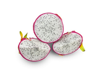 Halved dragon fruit showing white flesh and black seeds clipping path on isolated white background