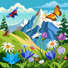 Alpine Blossoms A Vibrant Meadow of Edelweiss, Alpine Roses, and Gentians with Colorful Butterflies Against Majestic Mountain Peaks  art vector illustration