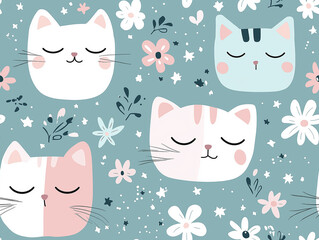 A calming seamless pattern with sleeping cats surrounded by flowers on a blue background, ideal for children's products and calm designs.