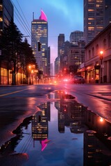 Fototapeta premium Cityscape Reflection in a Puddle at Night