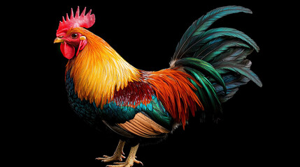 Fototapeta premium Realistic Image of a Colorful Chicken with Vibrant Feathers Isolated on a Black Background, Showcasing Detailed Plumage and Rich Colors