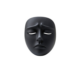 A stylized black mask with a solemn expression, conveying emotions of sadness and introspection, ideal for artistic projects. transparent background