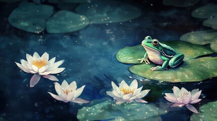 Frog on a Lily Pad in a Pond.