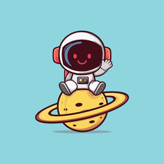 Astronaut Sitting On Planet And Waving Hand Cartoon Vector Icon Illustration. Science Technology Icon Concept Isolated Premium Vector. Flat Cartoon Style