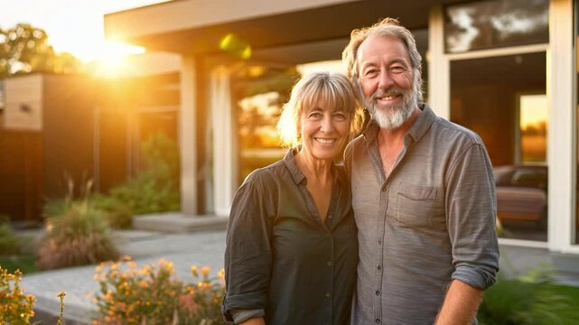A senior couple stands happily in their home backyard, surrounded by greenery, as the sun sets behind their contemporary home