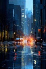 Rainy Night Cityscape: Reflections in the Wet Streets