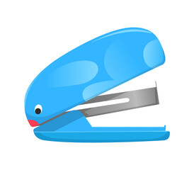 Blue stapler school supply vector illustration. Cute school stapler with a bunny character. Modern childish stapling equipment for paper. Vector illustration isolated on a white background.