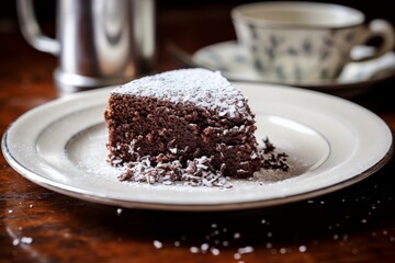 Chocolate Cake Slice with Powdered Sugar - Delicious Dessert