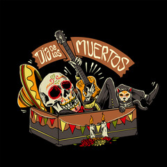 skull and cat with guitar and sombrero hat in the coffin