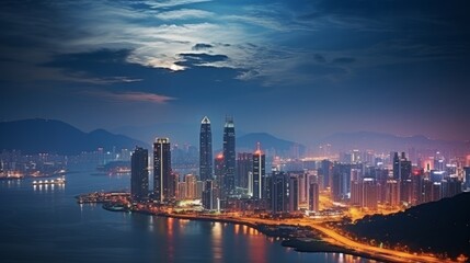 Obraz premium Night Cityscape with Moon and Clouds