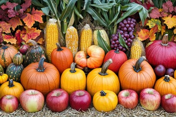 Colorful autumnal display of harvested pumpkins, corn, apples, and leaves