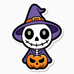 Adorable Halloween Skeleton with Witch Hat - Baby Sticker Design on White Background  art vector illustration