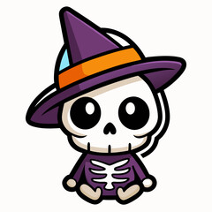 Adorable Halloween Skeleton with Witch Hat - Baby Sticker Design on White Background  art vector illustration