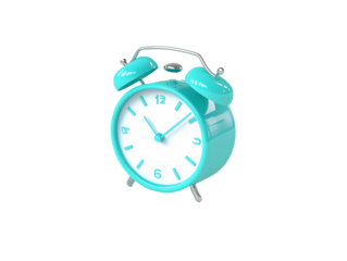 a blue alarm clock with bells