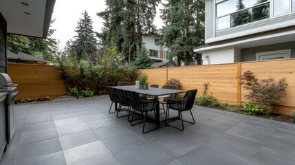 A beautifully designed backyard features a black concrete patio, wooden fence, and lush landscaping under a cloudy sky, creating an inviting outdoor dining atmosphere