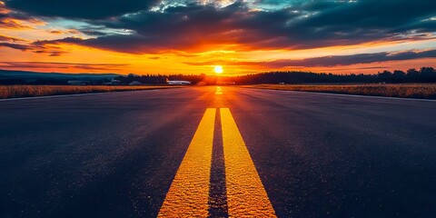 A long empty road with a sunset in the background