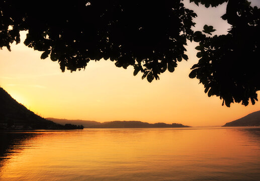 Orange sunset over Lake Zug at dusk, Central Switzerland, Switzerland