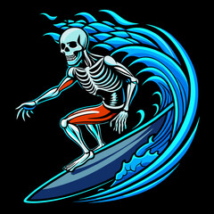 A skeleton surfer riding a surfboard  art vector illustration