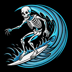 A skeleton surfer riding a surfboard  art vector illustration