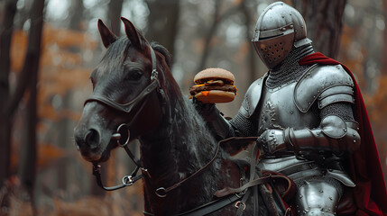 Fototapeta premium A knight clad in shining armor sits atop a horse, proudly presenting a hamburger. The backdrop features autumn foliage, enhancing the unique contrast of the scene.