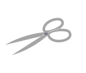 Pair of sharp, stainless steel fabric scissors with a simple grey design, isolated on a white background. Large handles and durable construction make them a staple for sewing and crafting.