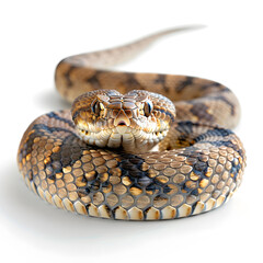 Fototapeta premium A beautifully patterned snake is coiled on a smooth white surface, showcasing its distinctive scales and colors while remaining still. The soft lighting highlights the details.