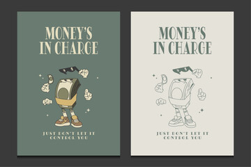retro 30s poster or graphic t-shirt design with a character cartoon of money, vector illustration