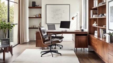 Modern Home Office with Wooden Desk and Leather Chair