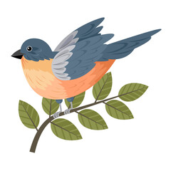 Small bird perched on a branch with green leaves, showing the beauty and tranquility of nature. The bird has a soft color palette, including shades of blue, orange, and gray.