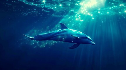 Naklejka premium A dolphin swimming in the ocean with stars in the background