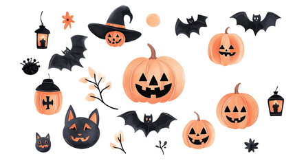 a collection of pumpkins and bats