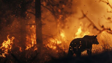 Naklejka premium A bear stands silhouetted against the backdrop of a raging forest fire at dusk