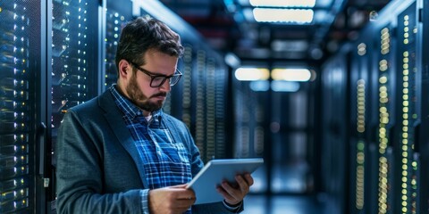 IT Specialist Examining Server Data on Tablet
