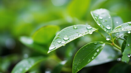 Fototapeta premium Close-Up of Dew Drops on Green Leaves