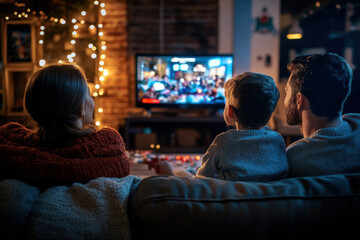 A family of three is sitting on a cozy couch, warmly dressed and watching a holiday movie on TV, with festive lights and decorations creating a cheerful holiday ambiance.