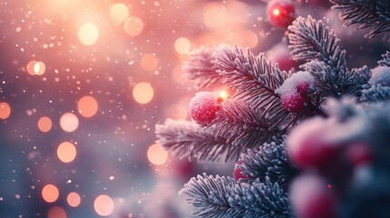 enchanted winter wonderland with glowing snowflakes ethereal mist swirling around a magical christmas tree soft focus bokeh lights dreamy pastel hues