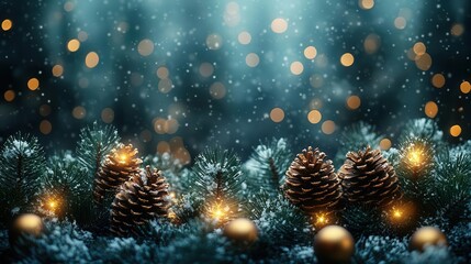 enchanted winter forest with towering evergreens and magical pinecones glowing ornaments and swirling snowflakes create a whimsical holiday atmosphere