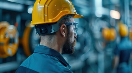 A worker with a safety helmet and goggles in an industrial setting.