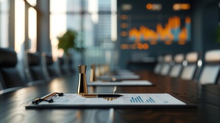 A modern office conference room with documents, pens, and a graph board.