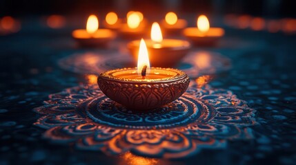 enchanting diwali night scene with glowing oil lamps illuminating intricate rangoli patterns warm golden light casts a magical ambiance celebrating the festival of lights