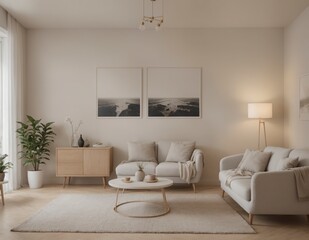 A living room with a white couch, a coffee table, and a potted plant