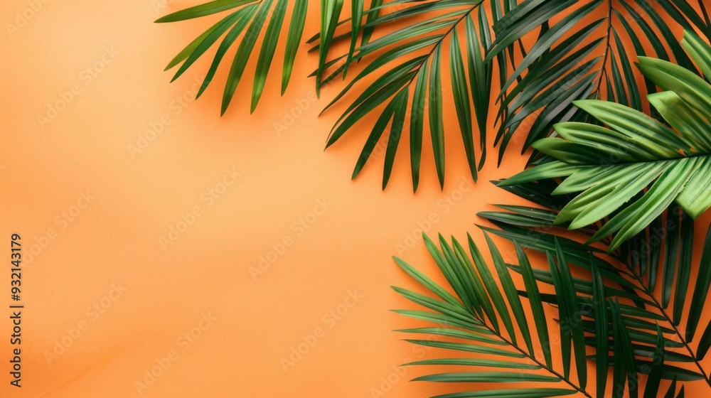 Aufkleber lush green palm branches are elegantly arranged on a vivid orange backdrop, creating a striking and 