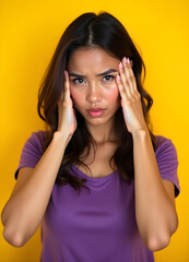 Obraz premium Portrait of a Chinese girl trying to focus on something, lady is trying to memorize while putting her hand on her head. Iosated on yellow background. 