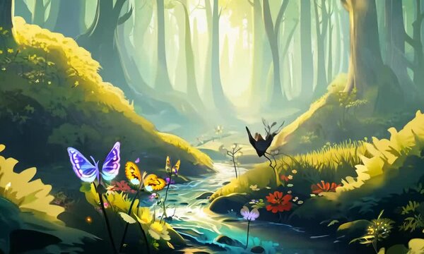 A fairytale forest filled with talking animals and magical plants.