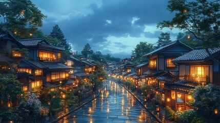 Obraz premium enchanting evening scene of a traditional japanese town cozy streets lined with charming houses soft warm lighting and animeinspired art style creating a serene atmosphere