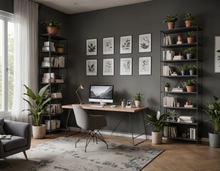 Fototapeta premium A modern office space with a large desk and a computer monitor