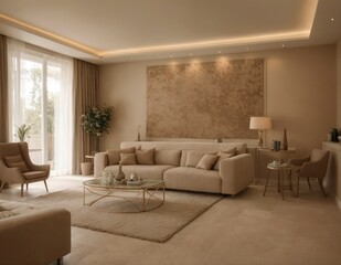 A living room with a large painting on the wall and a couch